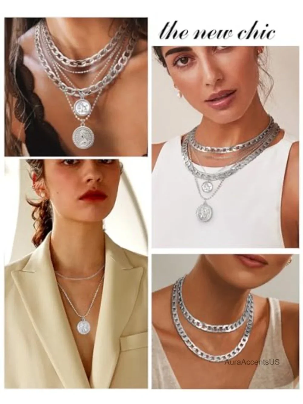 3 Piece Layered Coin Pendant Necklace Set for Women Retro Chunky Chain